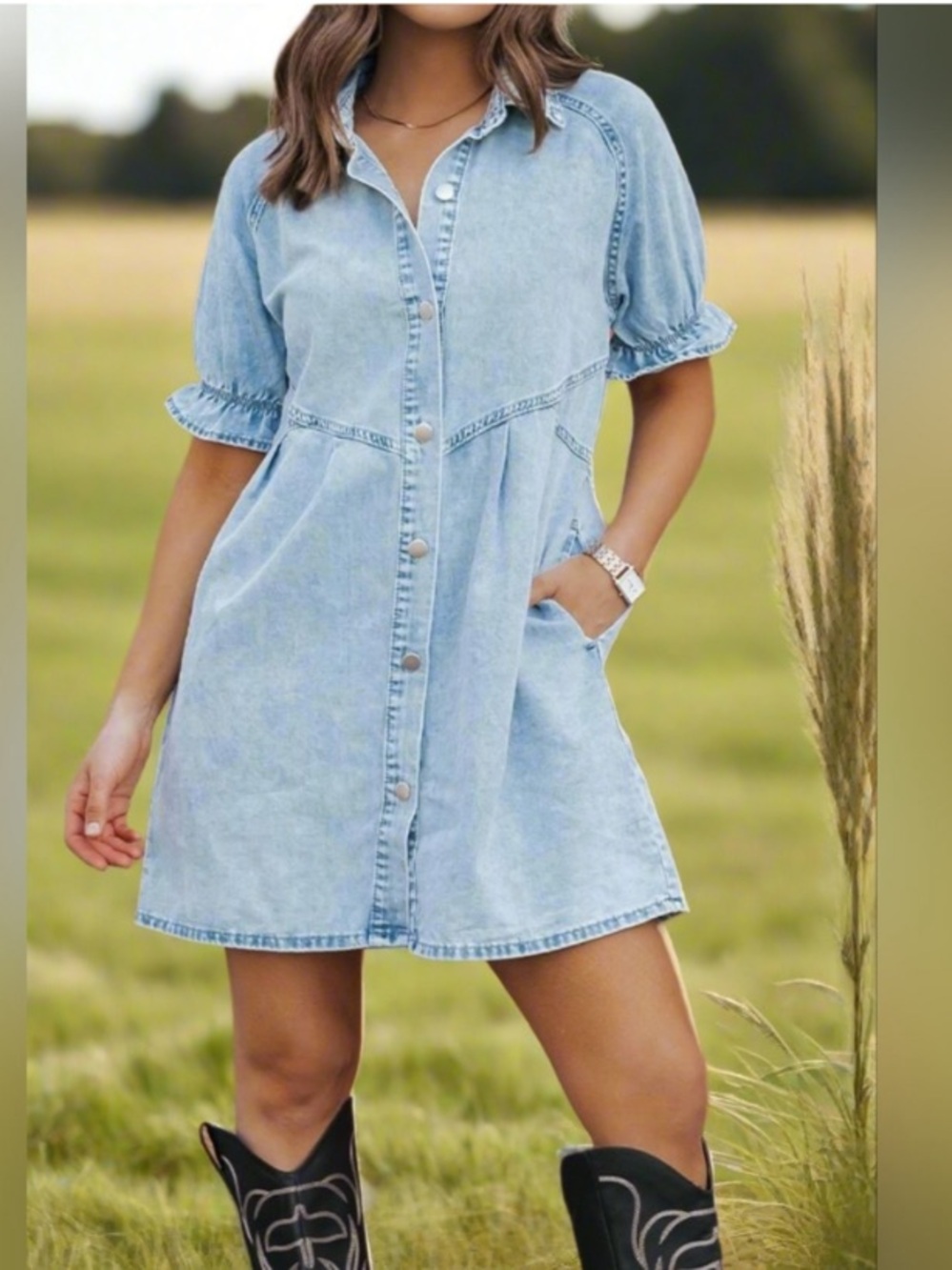 VTG Blue lightweight cotton blend acid wash denim western short sleeve Dress M
